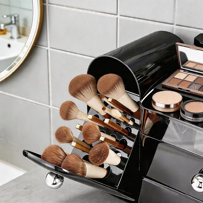 Makeup Organizer with Makeup Brush Holder, Cosmetic Organizer with 2 Drawer for Lipsticks, Perfumes, Eyeshadow Palettes and Nail Polishes (Black)