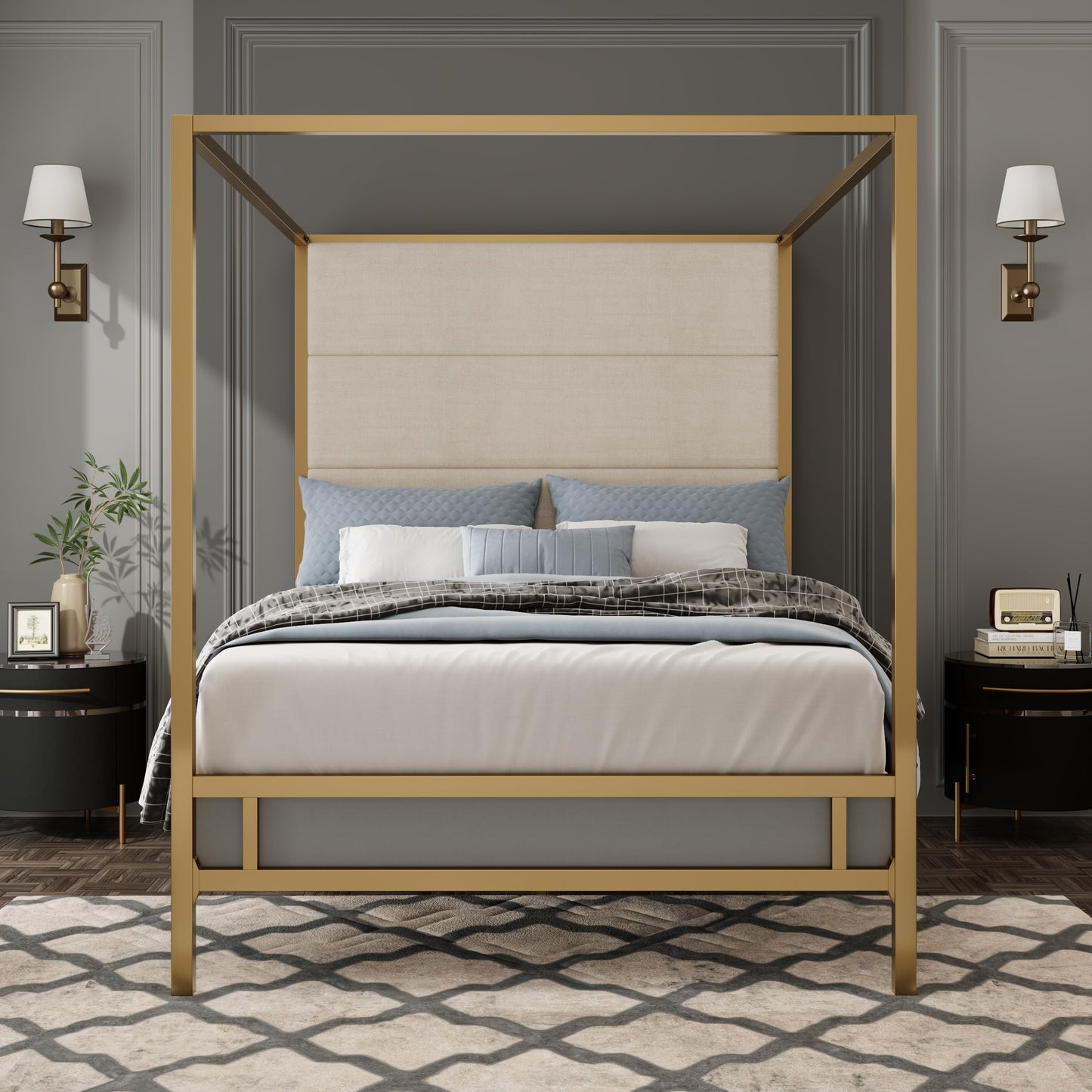 Merax Queen Size Gold Metal Canopy Bed Frame, Modern Upholstered Linen Headboard with Tall Back Support, 800 lbs Weight Capacity, Luxurious 4-Poster Bedroom Furniture for Modern Home, Gold+Tan