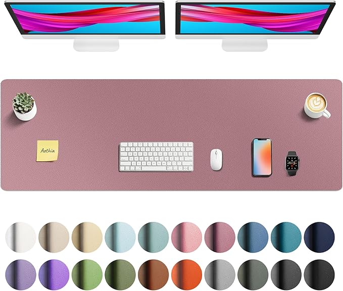 Aothia Faux Leather Desk Mat - Non-Slip PU Leather Desk Blotter, Waterproof Writing Surface, Large Desk Pad for Office & Home (Dark Pink, 55" x 17")