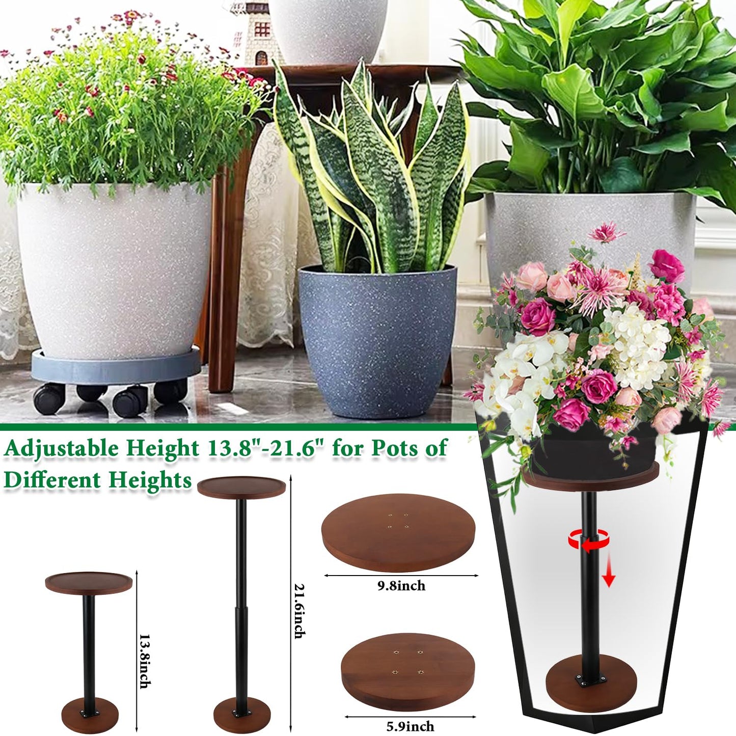 LUTTY 2Set Wooden Adjustable Plant Risers for Inside Pot,13.8-21.7 inches Tall Tapered Plant Riser Fill Bottom of Tall Flower Pots and Large Plants Containers, Rise Filler Riser of Flower Pots
