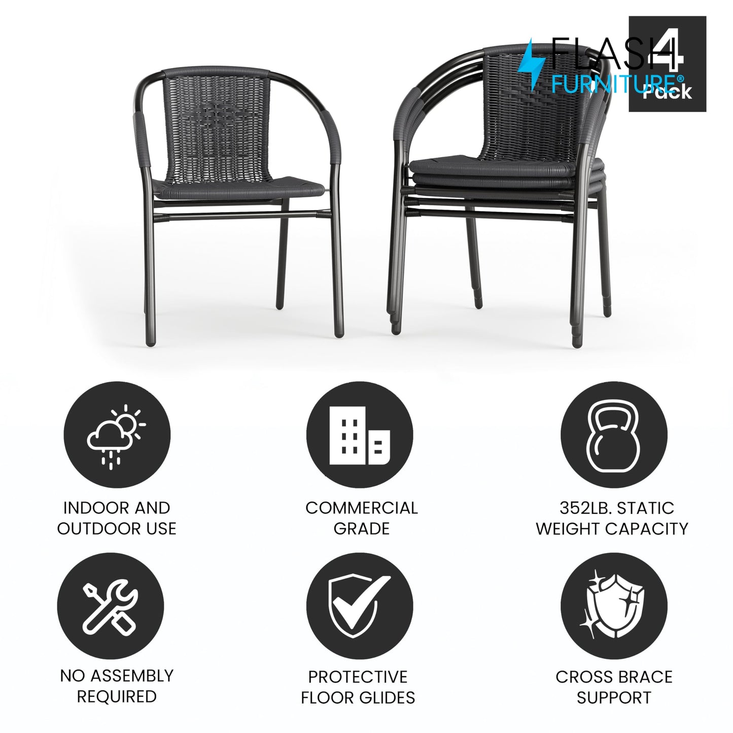 Flash Furniture Lila Modern Rattan Indoor/Outdoor Stackable Dining Chairs, Stacking Rattan Bistro Chairs for Patio or Restaurant, Set of 4, Gray