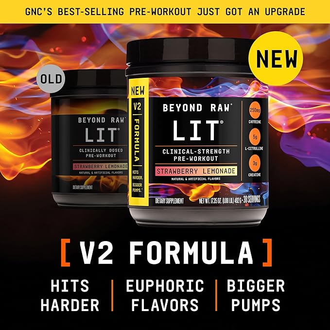 BEYOND RAW LIT V2 Clinical Strength Pre Workout Powder, Hits Harder, Bigger Pumps, Caffeine, L-Citrulline, Creatine, Strawberry Lemonade, 30 Servings