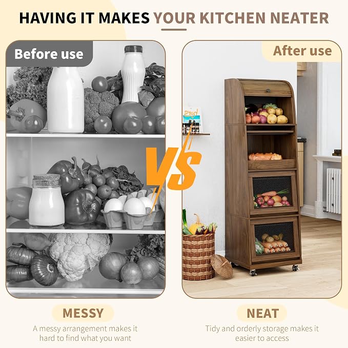 4 Tier Large Potato Storage Bin, Tall Wood Potato and Onion Storage Bin with Wheel, Movable Fruit and Vegetable Basket, Food Small Kitchen Pantry Cabinet, Wooden Bread Box, Walnut, Sliding Door