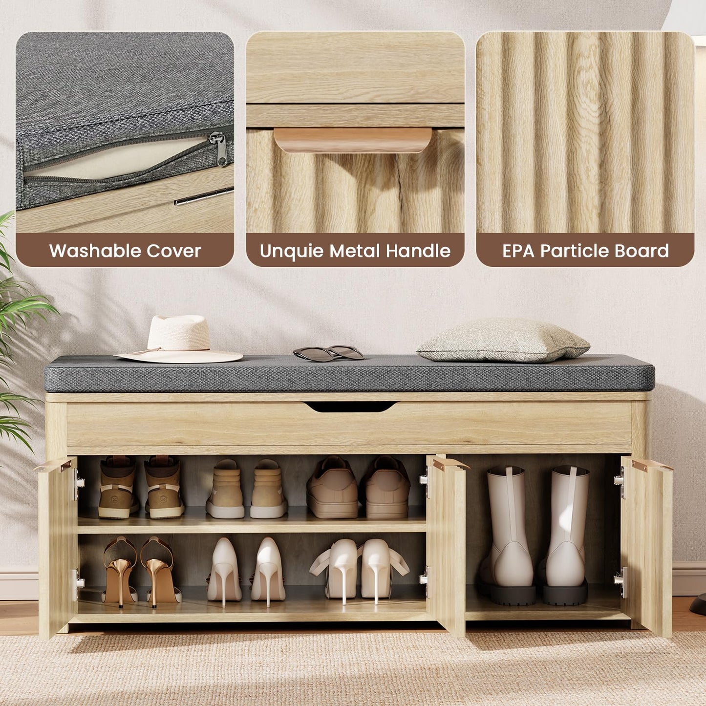 LOOMORA Shoe Bench with Storage - Lift Top Entryway Bench with Hidden Storage, Shoe Rack with Adjustable Shelves and Cushioned Seat, Wooden End of Bed Bench for Bedroom, Living Room and Hallway,Nature