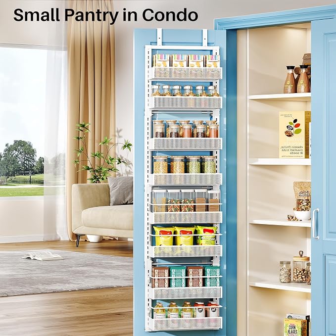 8 Tiers Over the Door Organizer - Height Adjustable Pantry Organizers and Storage with Dense Mesh Baskets, Anti-Swing Hanging Door Spice Rack for Kitchen Bathroom (White, 12.3"W x 4.7"D x 69"H)