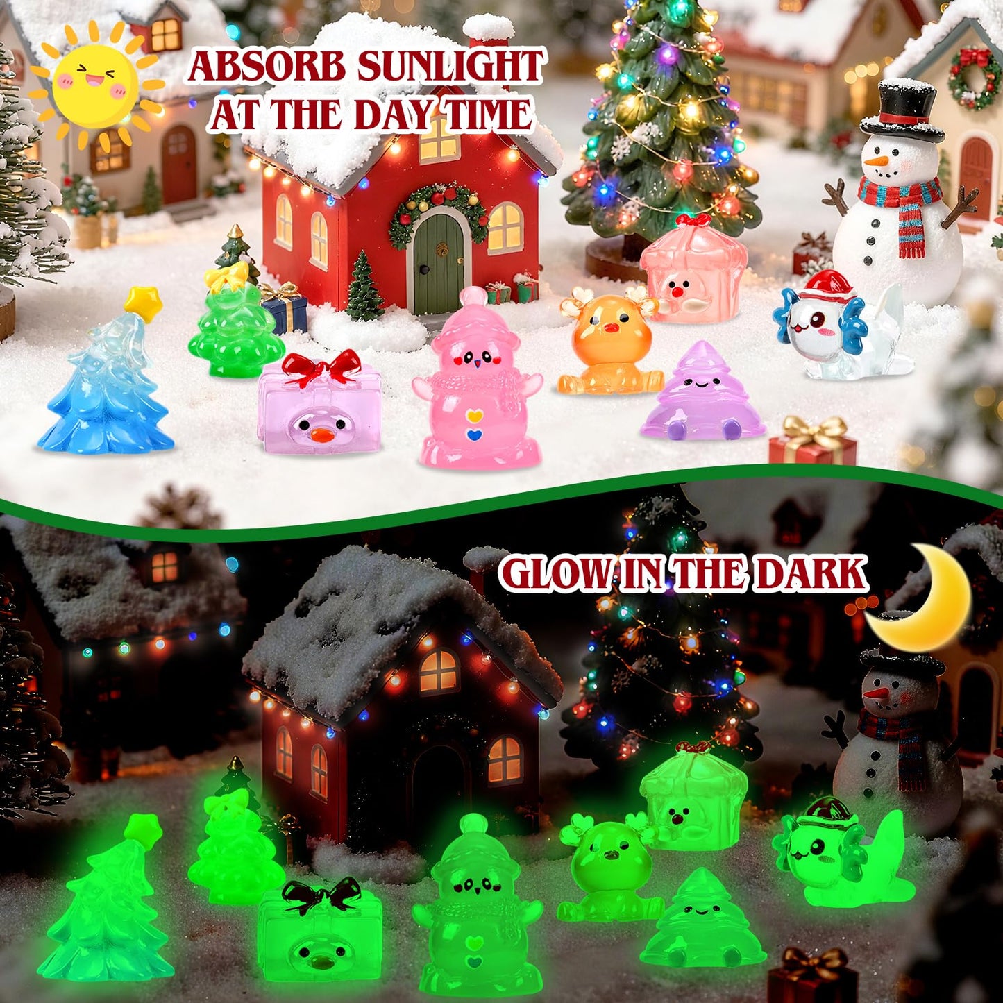 56Pcs Christmas Luminous Mini Figurines 56 Styles Glow in the Dark Tiny Resin Miniatures to Hide Bulk Santa Snowman Bell Snowflake Figurines for Xmas Bag Fillers Party Favors Garden Dollhouse Decor