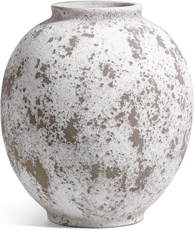 Large White Ceramic Vase - 9.8 Inch Rustic Farmhouse Flower Vase for Home Decor, Minimalist Tall Vases for Living Room, Table, Bathroom, Holiday & Weddings (Sandstone Grey)