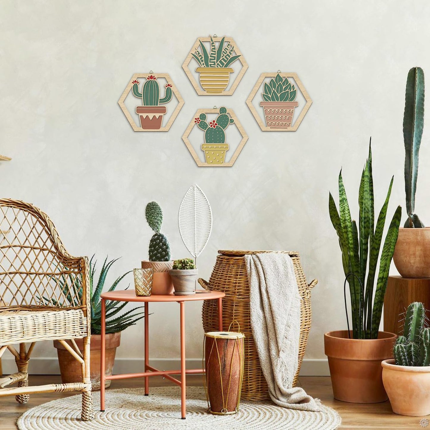 HOURIA 4Pcs Boho Cactus Wall Decor(10”x9”),Rustic Tropical Botanical Floral Wall Art,Hexagon Southwest Succulent Plant Wood Hanging Sign for Farmhouse Toilet Restroom Living Room Office