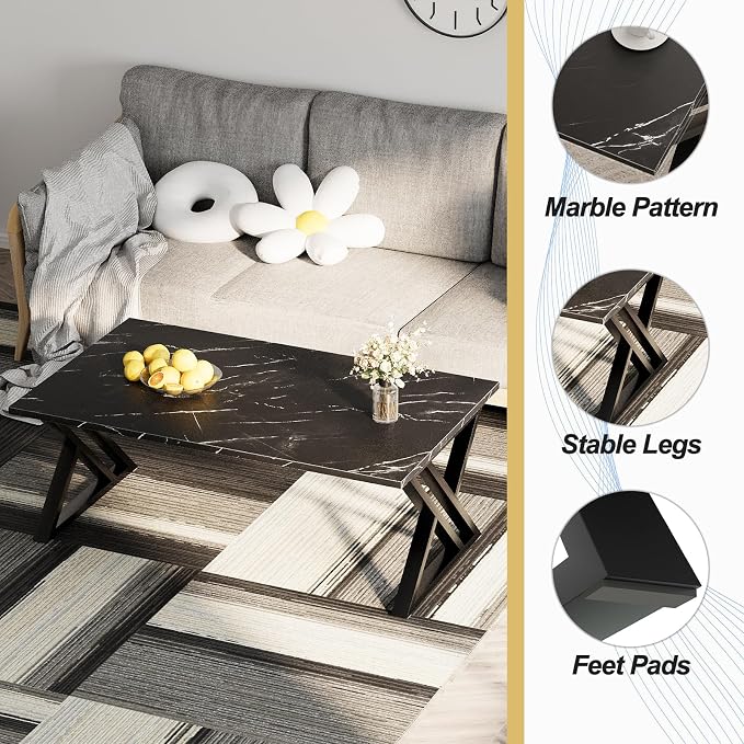 Wolawu Coffee Table Living Room Table Black Center Table, Simple Modern Faux Marble Rectangular Tea Table with Sturdy Black-Finished Metal Frame,Industrial Wooden Coffee Table for Bedroom Home Office