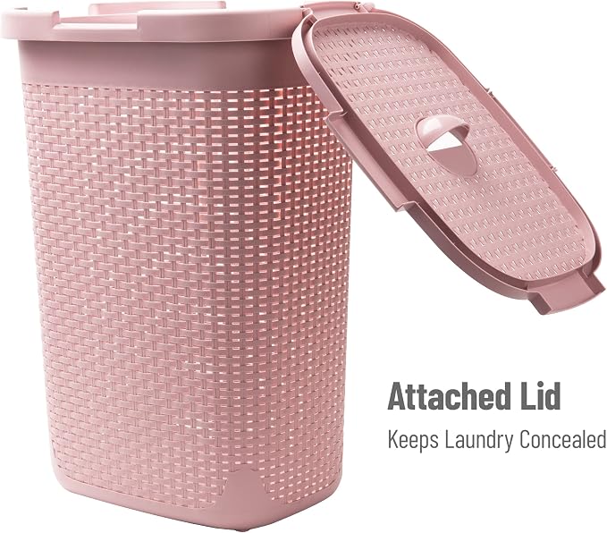 Mind Reader Slim Laundry Hamper with Lid, 60L Tall Clothes Basket, Narrow Tapered Design for Bathrooms, Closets and Laundry Rooms, Plastic, 2 Pack, Pink