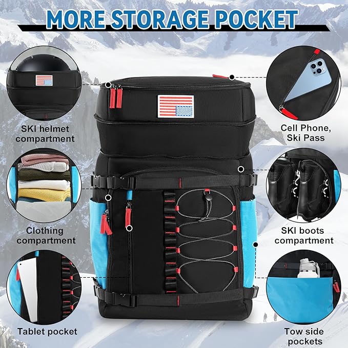 Ski Boot Bag, 65L Ski Boot Bag Backpack Large Ski Boot Travel Backpack Waterproof Ski Bag Ski Equipment Bag for Skis Snowboard & Accessories