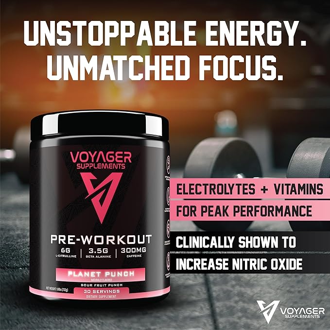 Voyager Pre-Workout Planet Punch ??Creatine-Free Powder w/L-Citrulline, Beta-Alanine, Caffeine ??Supports Energy, Endurance & Focus ??30 Servings ??No Artificial Fillers ??GMP Certified