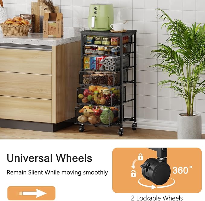 6-Tier Kitchen Storage Cart -Fruit Vegetable Storage Cart with Drawers, Wooden Top Metal Wire Kitchen Organizer and Storage Cart with Wheels to Storage Onions Potatoes Cans Snacks for Kitchen