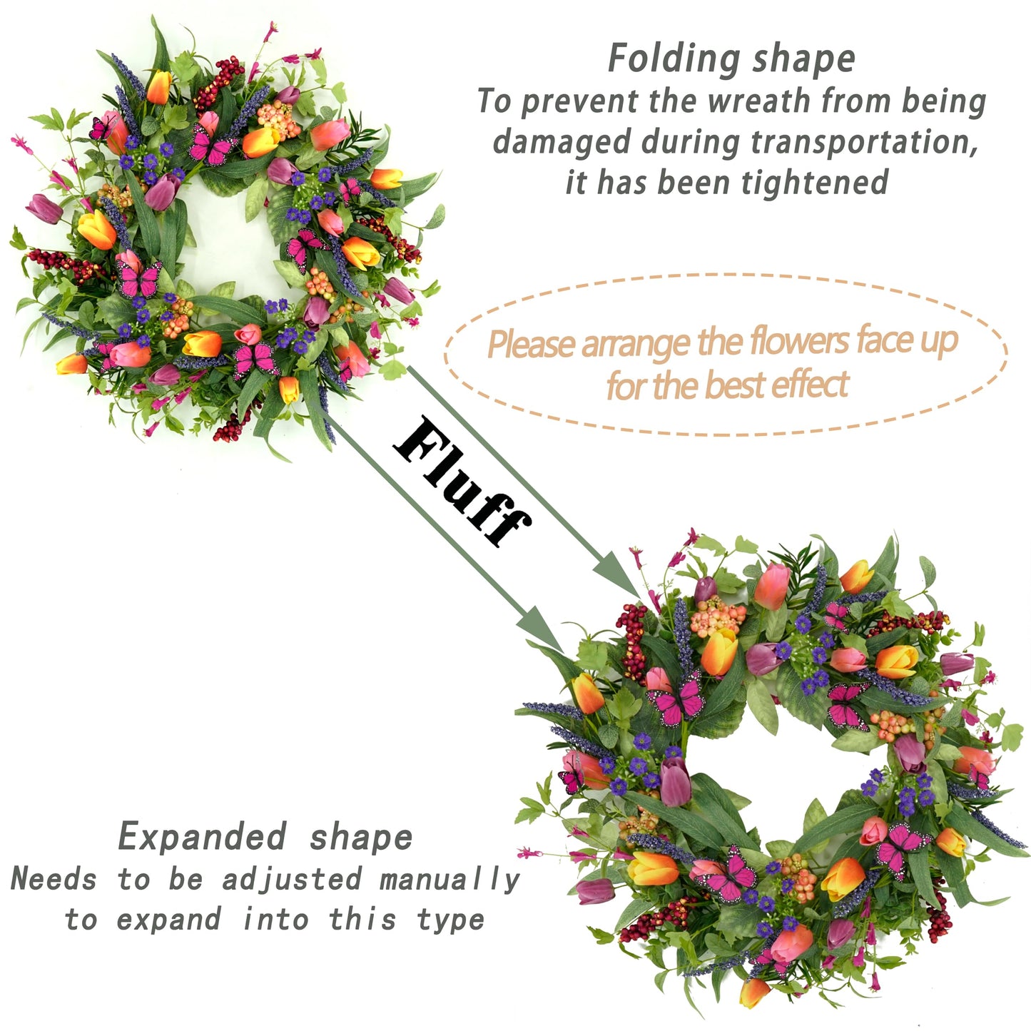 WreathDream 22 inch Spring Summer Wreath Tulip Wreath for Front Door with Purple Tassels, Eucalyptus Leaves, Ferns, Butterflies for Indoor Outdoor wall Festival Home Farmhouse Wedding Decor