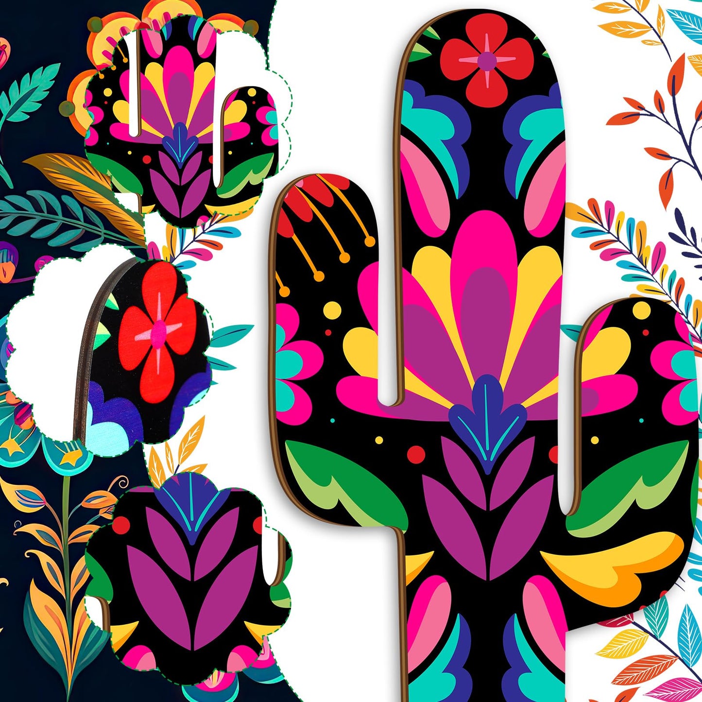 Yousoontic 2 Pcs Wood Cactus Wall Art Mexican Talavera Wall Decor 7.48 x 15.75 Inch Fiesta Party Decorations for Home Outdoor Living Room Bedroom
