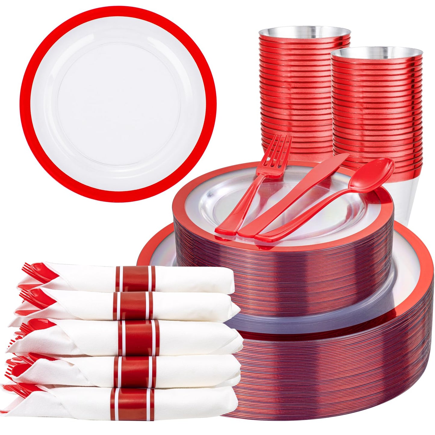 Liacere 350PCS Clear and Red Plastic Mothers Day Plates and Napkins for 50Guests Plastic Dinnerware Set:100 Red Disposable Plates 50 Pre Rolled Napkins with Cutlery,50 Cups for Mothers Day&Graduation