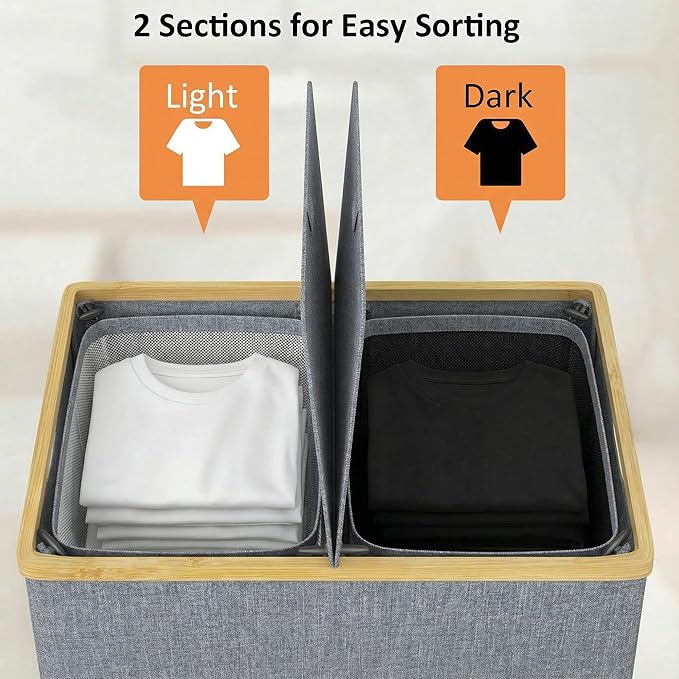 efluky Laundry Hamper with Lid, Double Laundry Basket with 2 Removable Bags, 2 Section Laundry Bin with Bamboo Handles for Bathroom, Bedroom & Laundry Room, 140L (36.9 Gallon) Blue Grey