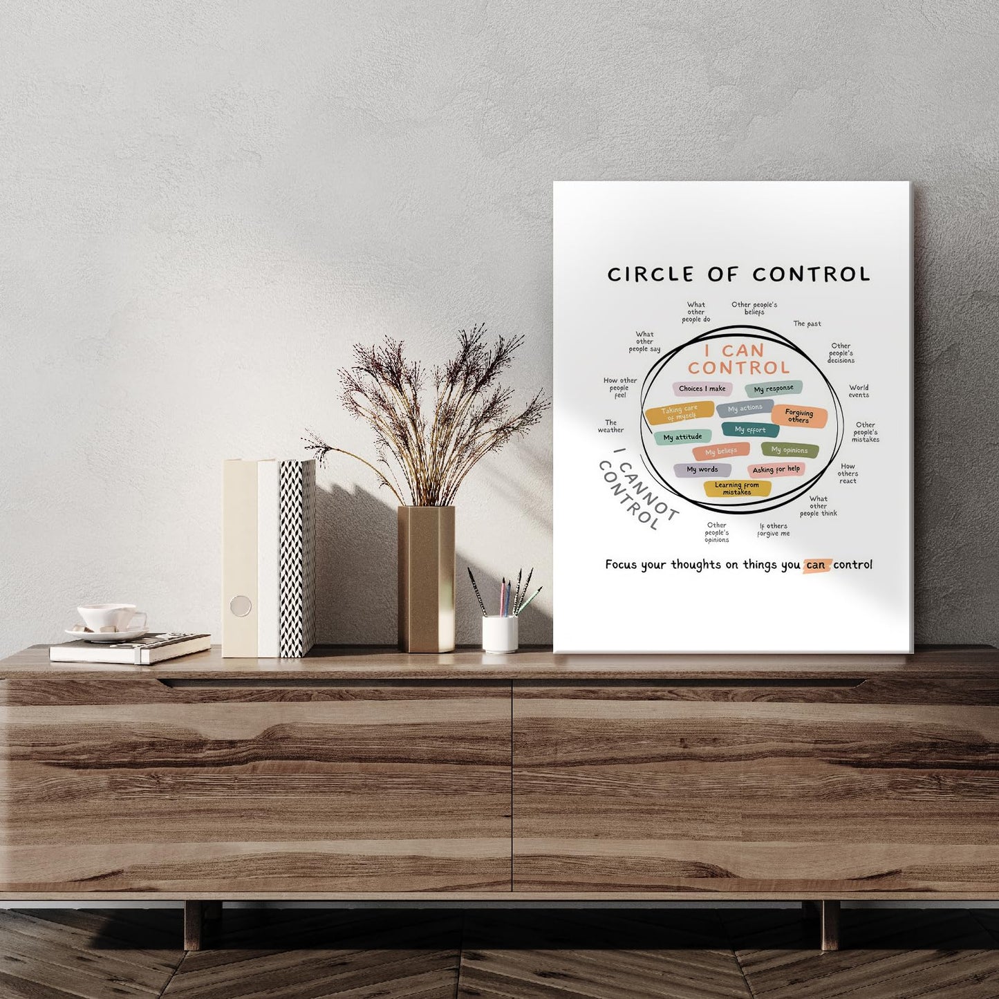 Framed Mental Health Circle Canvas Art Wall Decor, Inspirational Short Sentences Wall Art, Positive Motivational Picture Prints for Office Study Classroom Living Room – 12x16in