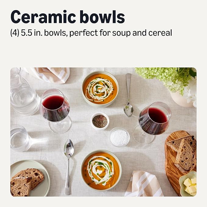 Amazon Basics Glazed Stoneware Bowls, 4-Piece Set, Microwave and Dishwasher-Safe, 5.5 in., Ivory