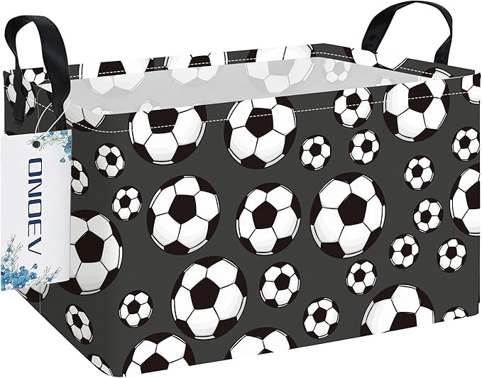 Rectangular Soccer Ball Pattern Storage Bin, Decorative Canvas Laundry Basket with Dual Handles, Foldable Household Toy Organizer, Multipurpose Party Gift Basket for Bedroom Dorm (Soccer)