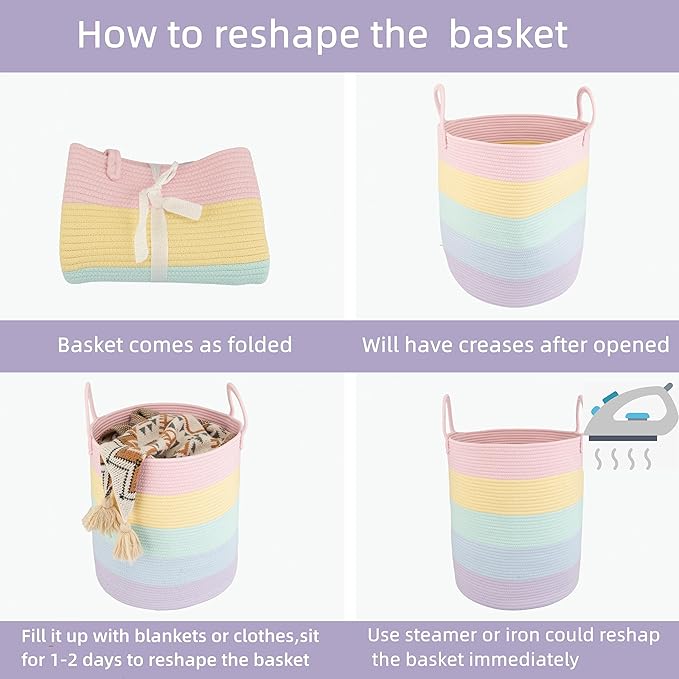 XUANGUO Rope Laundry Basket Hamper for Kids Girl Woven Storage Basket for Living Room Bedroom Boho Tall Baskets for Blanket Toys Pillow Towels Baby Nursery Hamper Bin rainbow