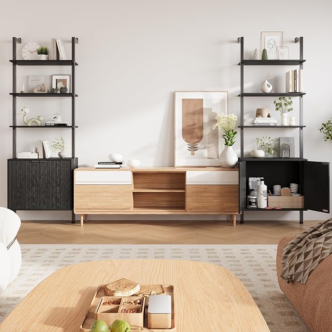 INNOD 74" Tall Bookshelf with Storage Cabinet, Modern Ladder Shelf with Wood and Metal Frame, Wall Mount Bookcase Open Display Shelf Furniture for Living Room, Bedroom, Home Office，Black