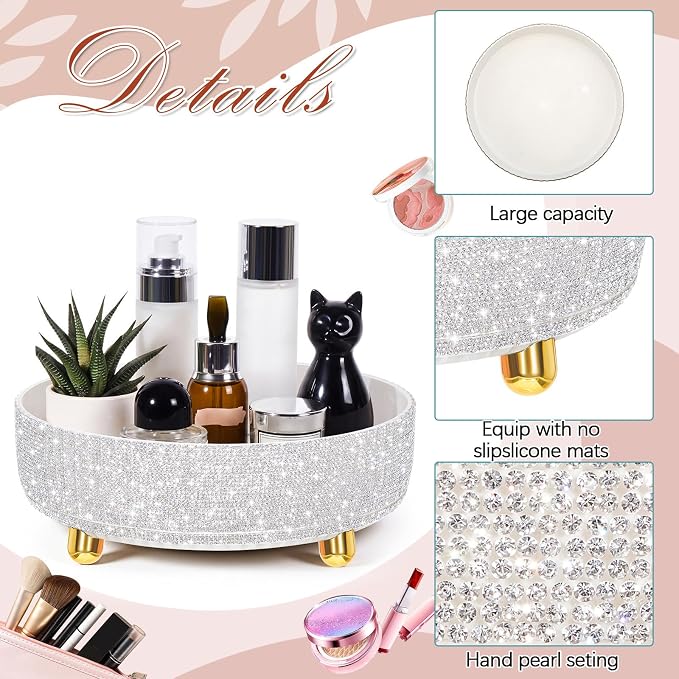 Honeydak Bling Perfume Makeup Organizer Bling Mother's Day Nurses Day Gifts for Women Bathroom Organizers and Storage 360 Rotating Makeup Organizer for Countertop(1 Tier,Rhinestone,White)