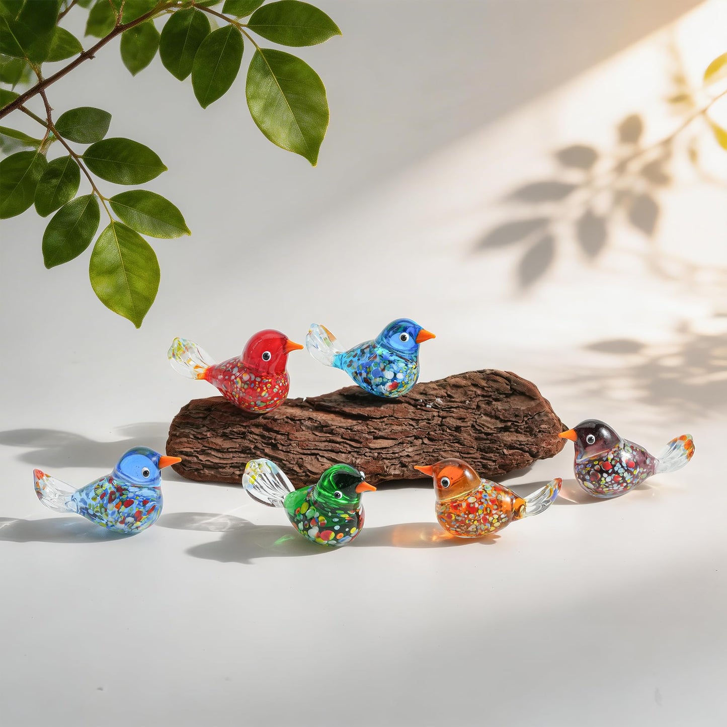 HDCRYSTALGIFTS 6pcs Hand Blown Glass Bird Figurines 1.9'' Mini Animal Statues Decorative Miniature Birds Collectibles for Home Table Decor Unique Birthday for Mom Women