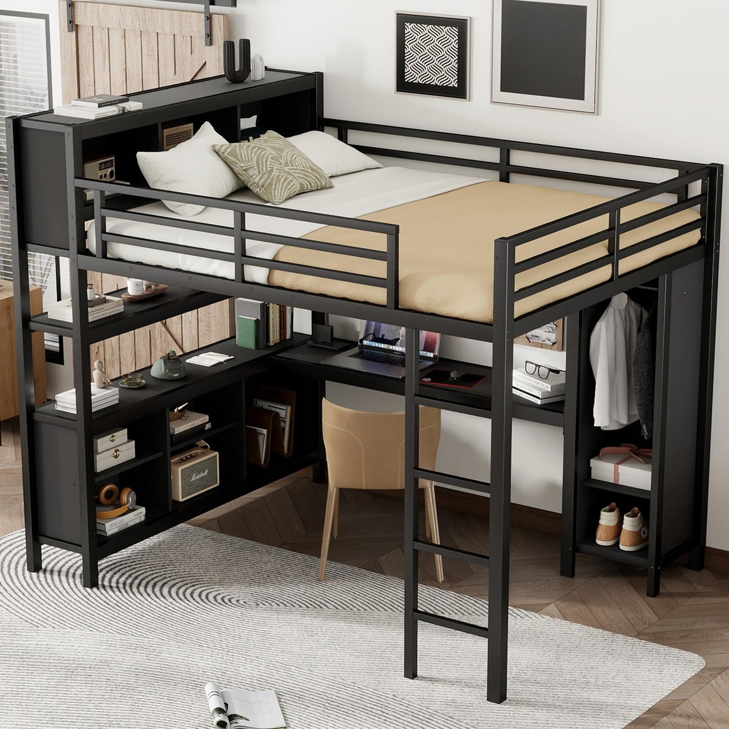 Queen Loft Bed with Wardrobe and Storage Cubes, Queen Size Loft Bed with Desk, Storage Shelf and Guardrail, Queen Size Loft Bed for Adults, Teens, Kids, Black