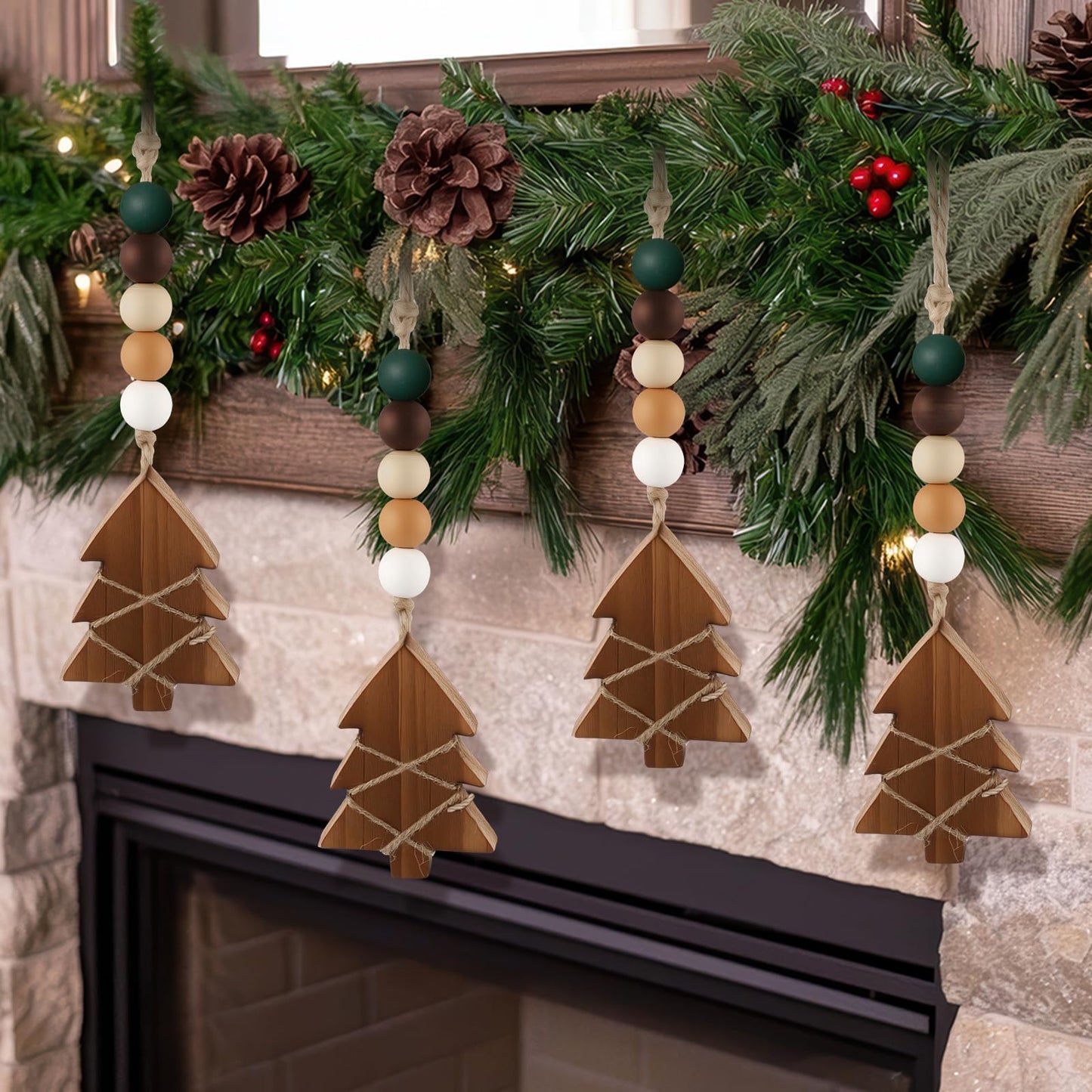 Civaner 6 Pcs Neutral Christmas Tree Hanging Ornament with Wooden Beads Rustic Wooden Boho Christmas Tree Decorations Bead Garland for Xmas New Years Holiday Farmhouse Gift Decor