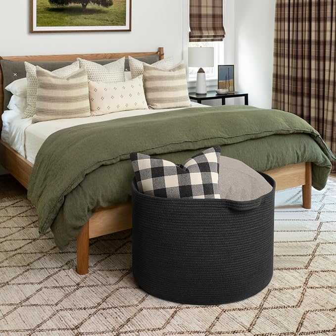 MEGASKET 115L Super Large Black Blanket Basket, 23.6"x15.7" Woven Rope Bin for Storage, Oversized Kids Dog Toy Storage Box Bins, XXXL Blanket Holder for Living Room, Jumbo Wicker Basket for Organizing