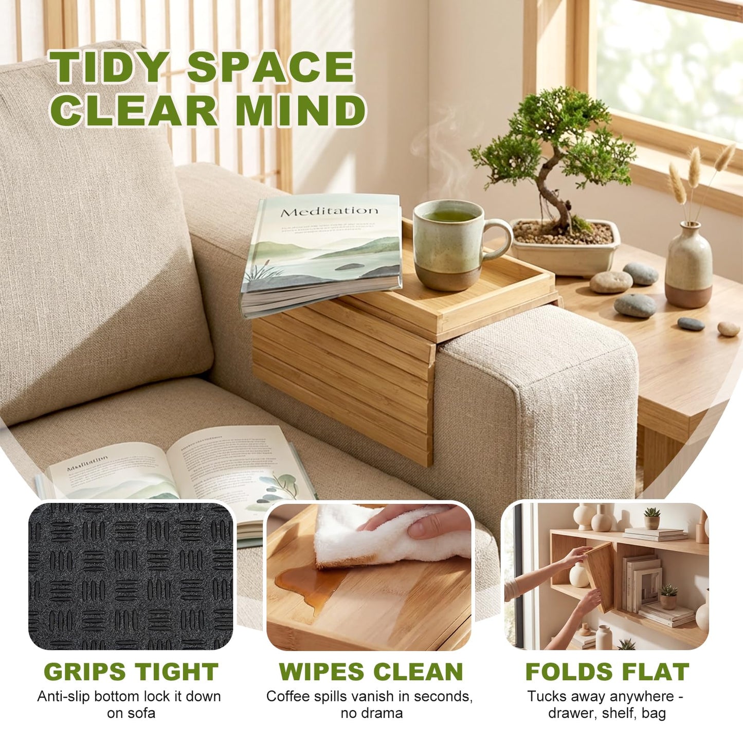 B-Zefyrn Sofa Arm Tray, Foldable Bamboo Couch Armrest Table with Large 12.5" x 5.8" Storage Compartment, Portable Chair Couch Caddy Arm Tray for Cup TV Snacks Phone Remote Anti-Slip Bottom
