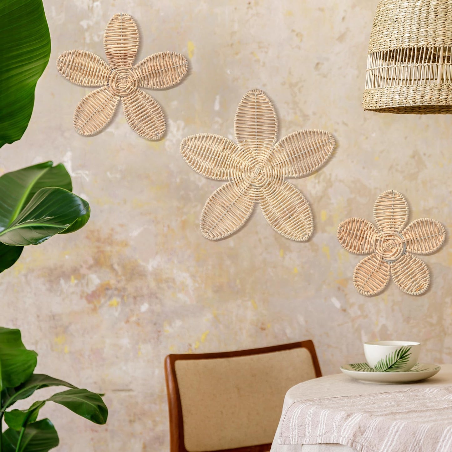 Wesiti 3 Pcs Rattan Flower Wall Decor Boho Daisy Nursery Decoration Woven Rattan Flower Wall Art for Home Nursery Bedroom Farmhouse Decorations Housewarming Gifts
