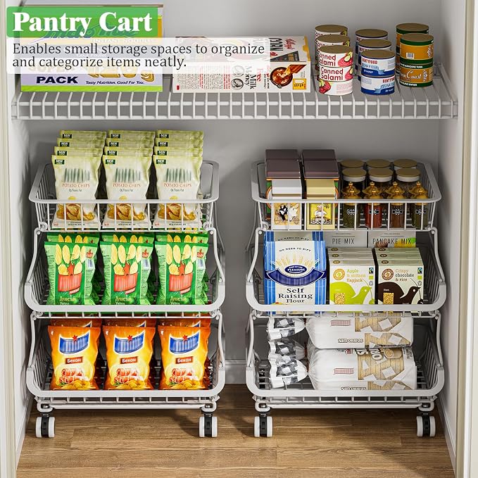 3 Tire Rolling Pantry Organizers and Storage Cart on Wheels | Metal Frame, Under Pantry Cabinet, Drip Tray, Storage for Snack, Potato, Onion, Produce, Can, Drink, Fruit and Vegetable