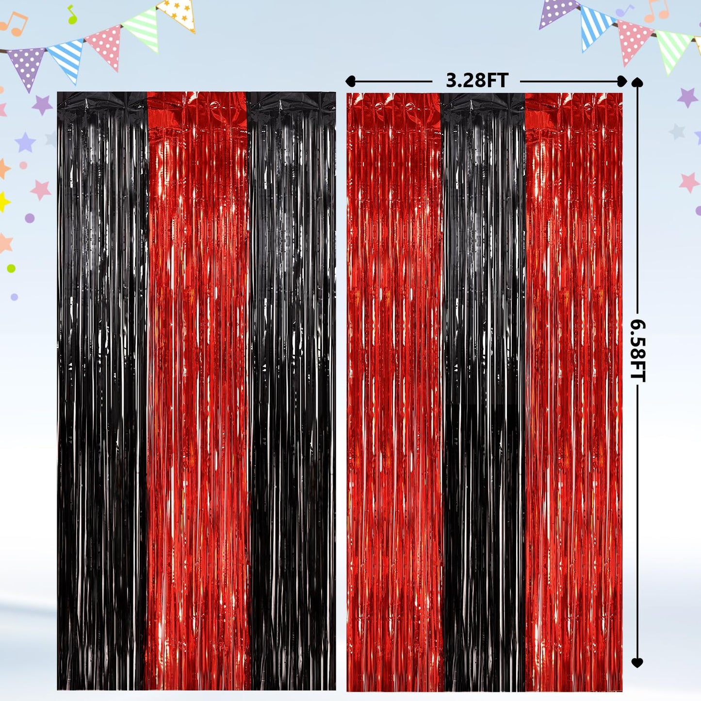 2 Pack Black and Red Foil Fringe Curtains Party Decorations, Tinsel Curtain Backdrop Streamers for Birthday Graduation Fiesta Stranger Theme Halloween Christmas Party Decors Supplies Door Streamers