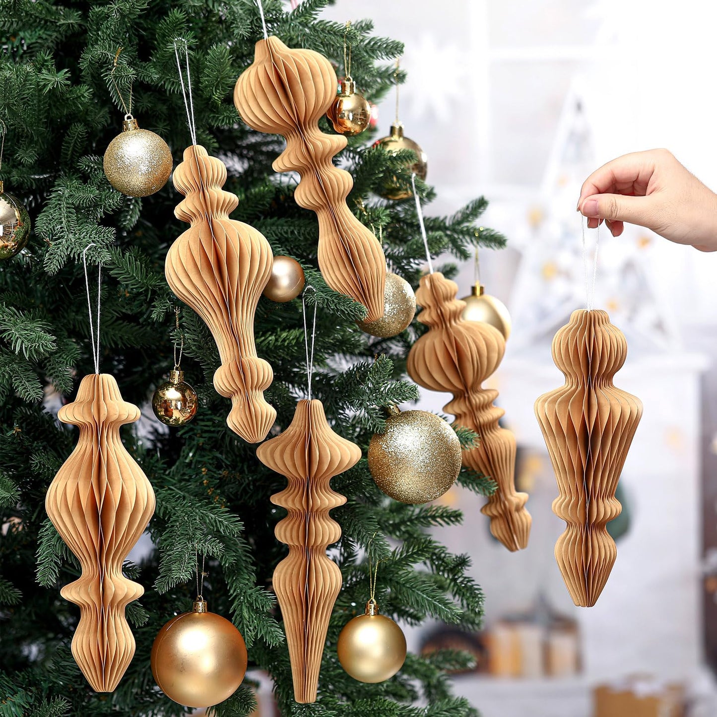 Watersay 6 Pcs 10" Large Hanging Honeycomb Finial Ornaments 3D Paper Christmas Tree Ornaments Decorative Lantern Honeycomb Decorations for Holiday Winter Xmas Party Wonderland(Brown)
