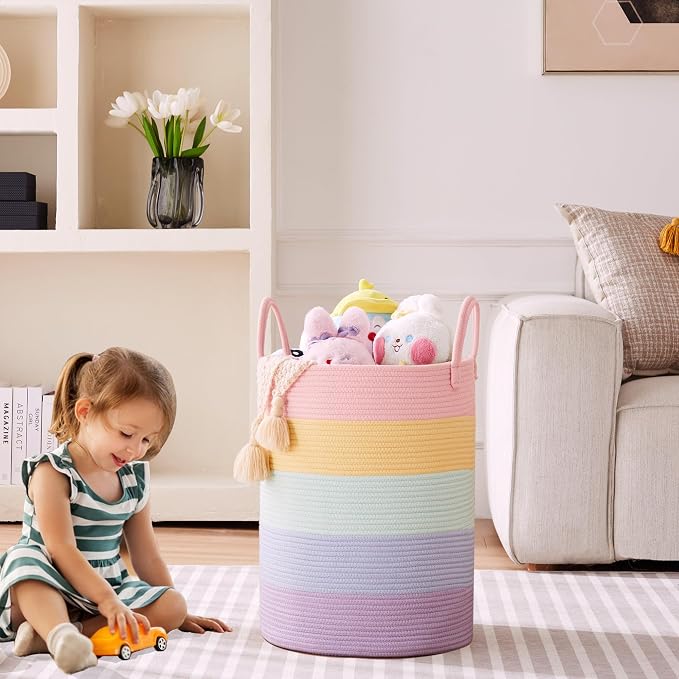60L Laundry Hamper Basket for Baby Girls and Kids, Pastel Rainbow Unicorn Design, Woven Rope Nursery Basket for Blankets Toys in Playroom, 15Dx20H Inches Large Bedroom Hamper for Clothes