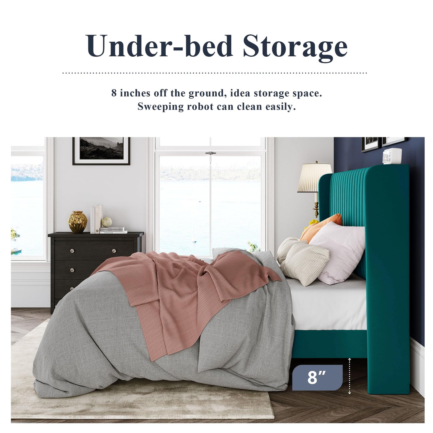 Allewie King Size Bed Frame/Velvet Upholstered Platform Bed/Vertical Channel Tufted Wingback Headboard/Strong Wooden Slats/No Box Spring Needed/Easy Assembly/Teal