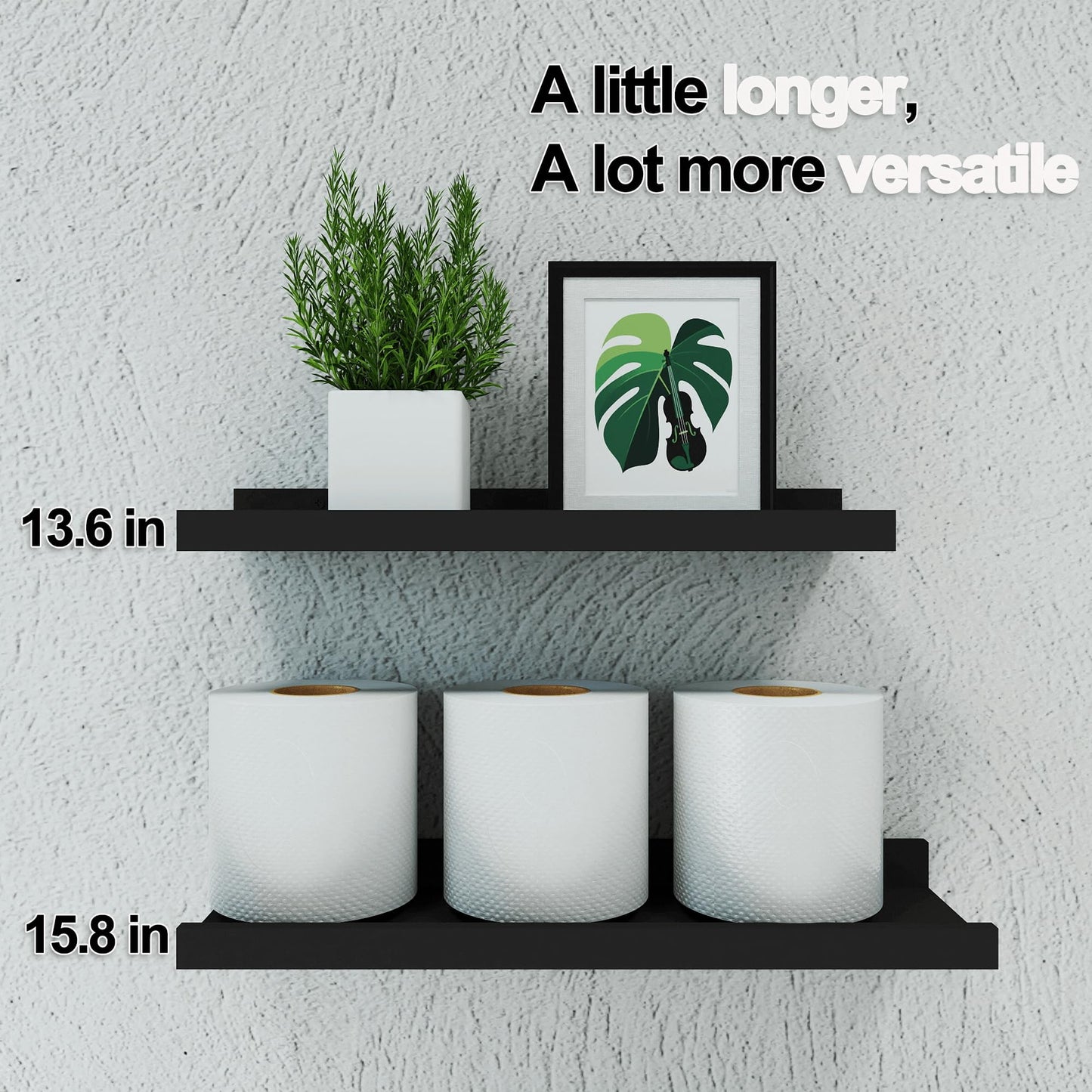 Solrot Black Floating Shelves for Wall Decor, Wall Mounted Wood Storage Shelf for Bedroom, Living Room, Bathroom, Kitchen, Nursery, Display Picture Ledge Shelf with Lip Set of 2-14 Inches, Black