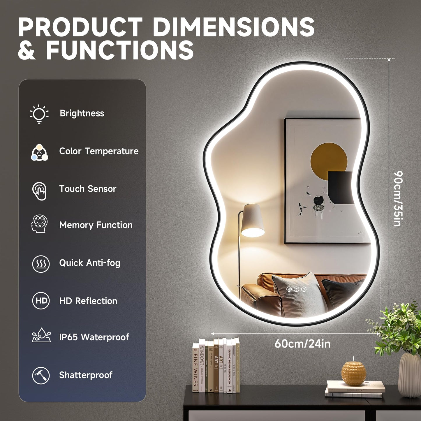 Hasipu Irregular Bathroom Mirror with Lights - 24"x35" LED Asymmetrical Wall Mirror, Abstract Modern Lighted Vanity Mirror for Wall, Anit-Fog, Dimmable, Memory, Vertical/Horizontal (Black