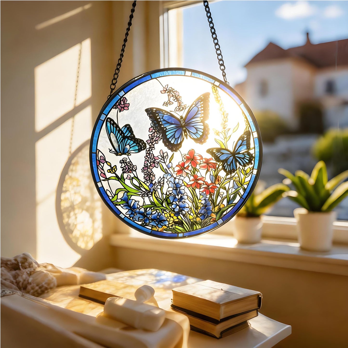 Lager Butterfly Suncatchers for Windows, Butterfly Stained Glass Window Hanging，6.3 inch