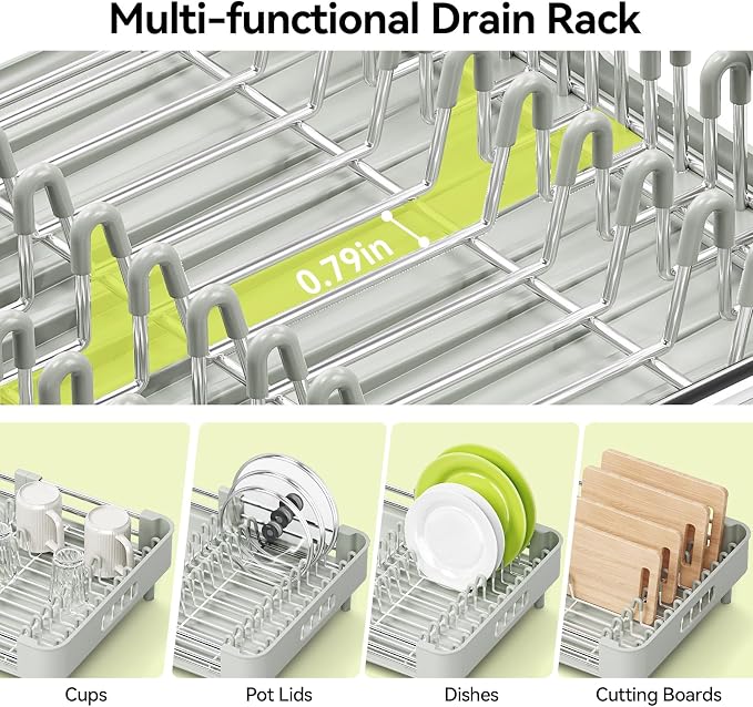 Urackify Extendable Dish Drying Rack, Dual Part Dish Drainers with Non-Scratch and Movable Cutlery Drainer and Drainage Spout, Adjustable Dish Rack for Kitchen, Gray & White