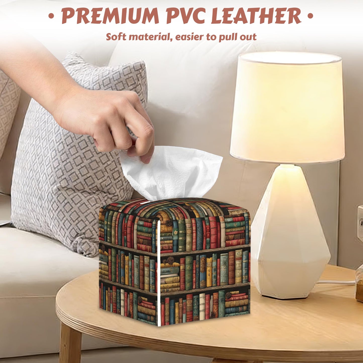 2 Pcs Floral Bookshelf Tissue Box Cover Leather Tissue Box Holder Square Facial Paper Organizer Dispenser for Bedroom Dresser Night Stand Office Desk