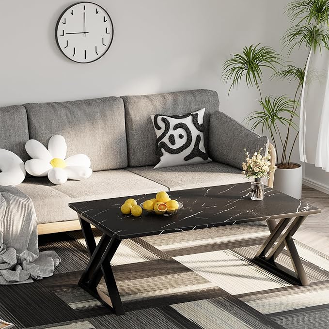 Wolawu Coffee Table Living Room Table Black Center Table, Simple Modern Faux Marble Rectangular Tea Table with Sturdy Black-Finished Metal Frame,Industrial Wooden Coffee Table for Bedroom Home Office