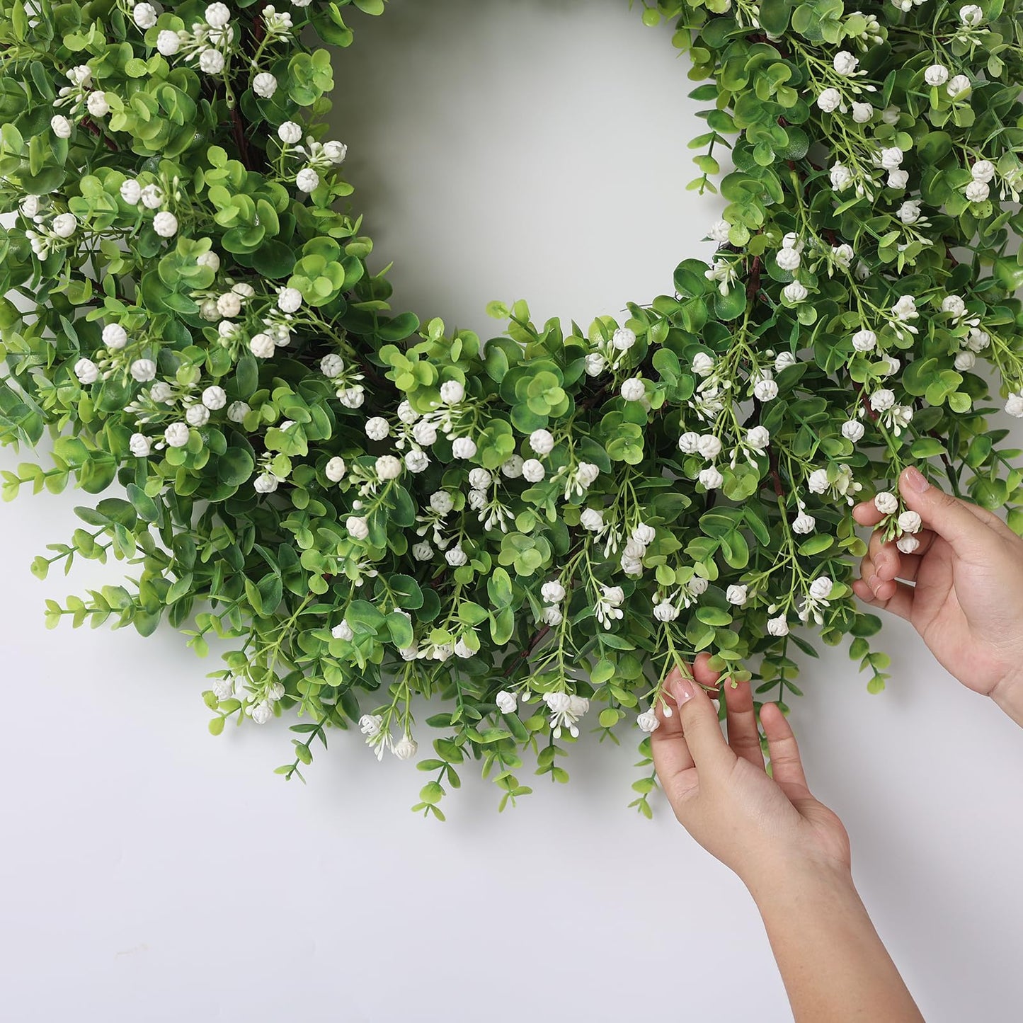 26" Artificial Eucalyptus Wreath with Baby's Breath for Front Door - Faux Eucalyptus Leaves, Fake Spring/Summer Greenery Flowers Wreath for Porch, Farmhouse, Wall, Window Outdoor Decor(White-Green)