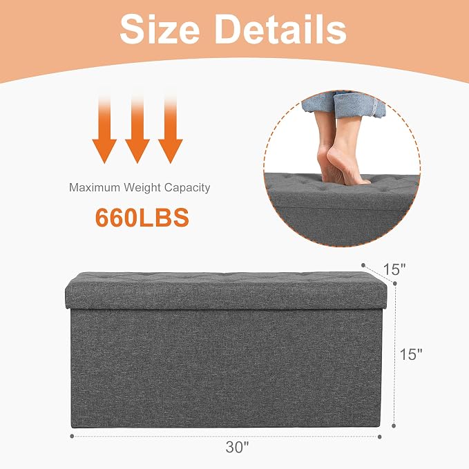 Sweetcrispy 30 Inch Folding Storage Ottoman Bench, Large Hidden Storage Chest with Padded Seat, Foot Rest Stool Supports Up to 660Lbs, End of Bed Bench for Bedroom, Living Room, Linen Fabric, Grey