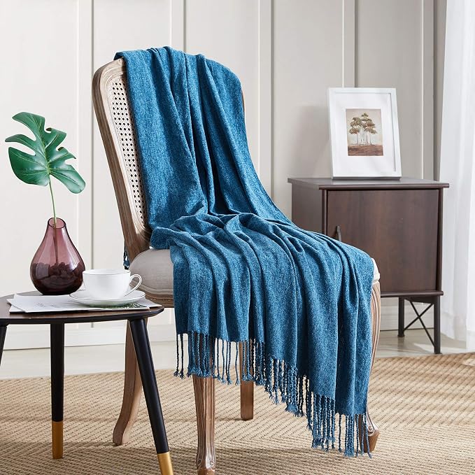 BOURINA Chenille Throw Blanket with Decorative Fringe for Couch Sofa Chair Blanket (50x60 Inches) Dark Blue