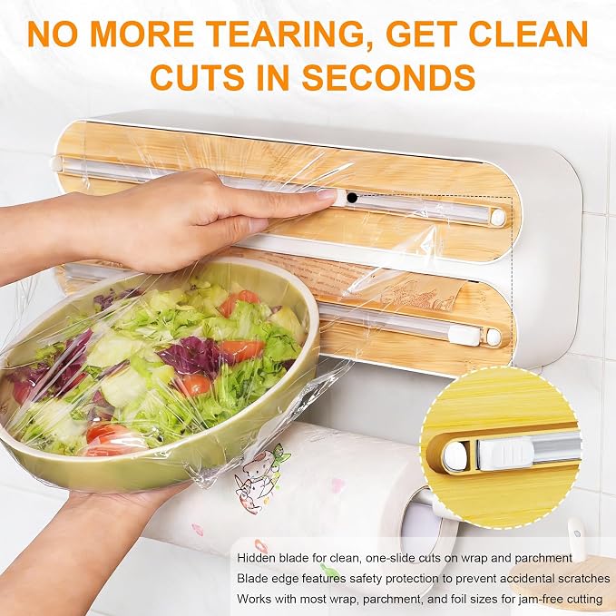 Kitchen Wrap Dispenser with Cutters Organize Aluminum Foil Plastic Wrap Wax Paper Wooden Design Storage Organizer with Easy Tear System for Countertop Pantry and Kitchen Cabinet (3in1)