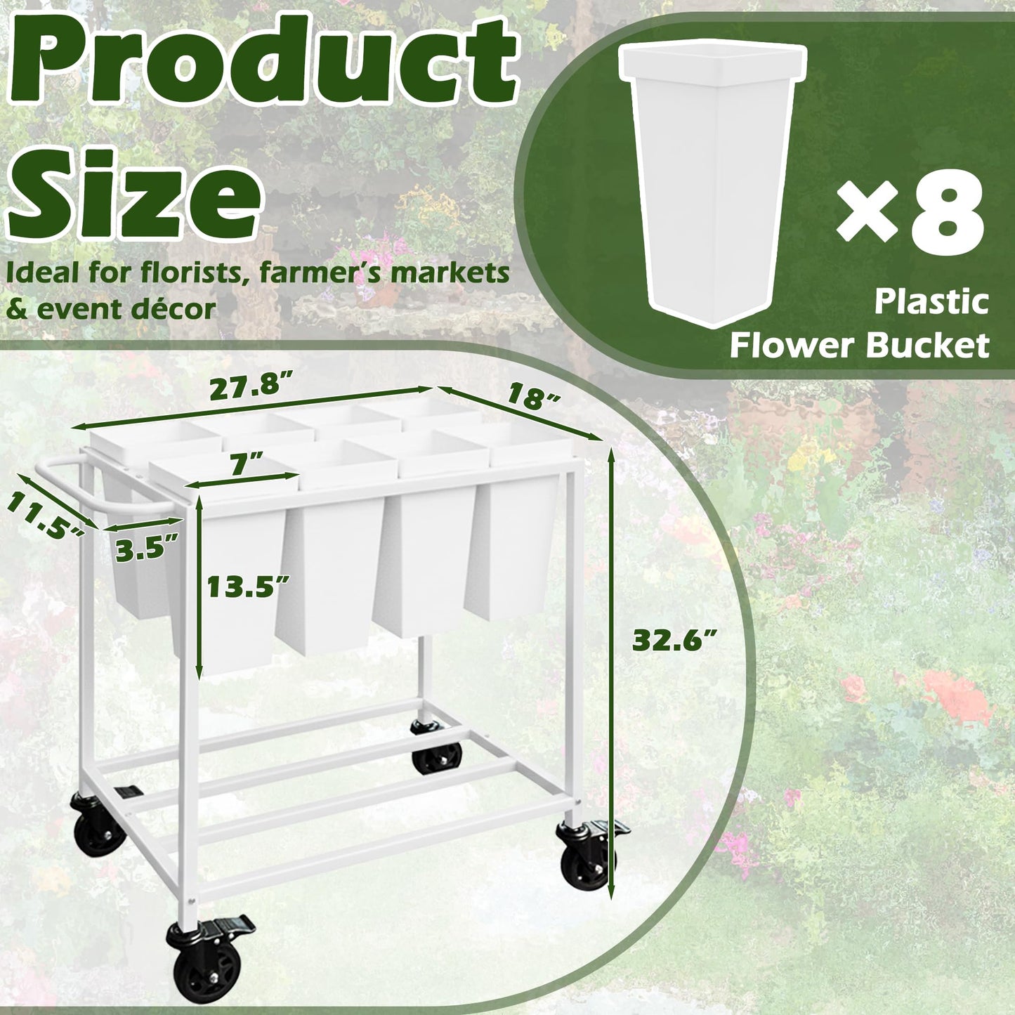 Verssure Flower Cart with 8 Buckets,Flower Cart Display Stand with Wheels,Bloom Bar,Flowers Stand for Wedding ,Party and Home Decor (White)