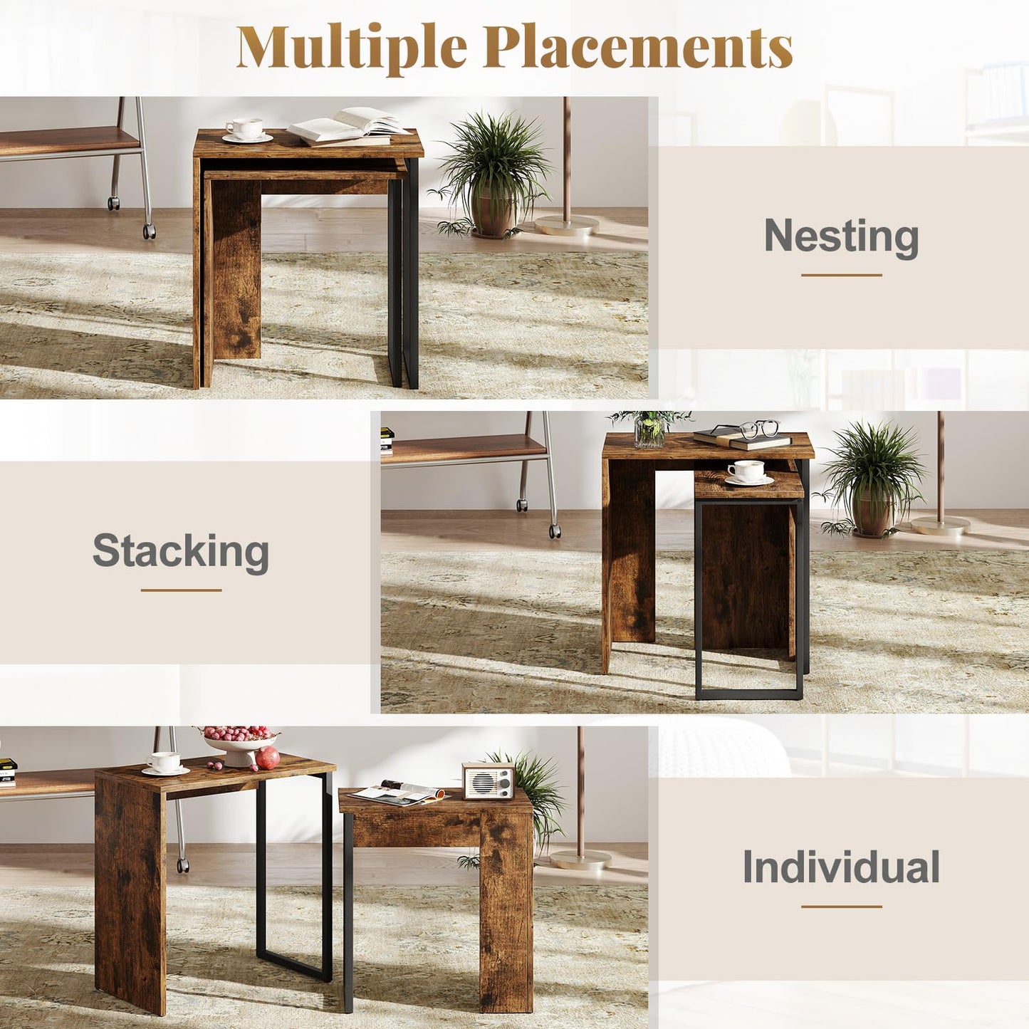 Giantex Nesting Coffee Table Set of 2, Rectangular Stackable Side Tables with Sturdy Metal Frames, Modern Nesting End Tables for Living Room, Bedroom, Rustic Brown